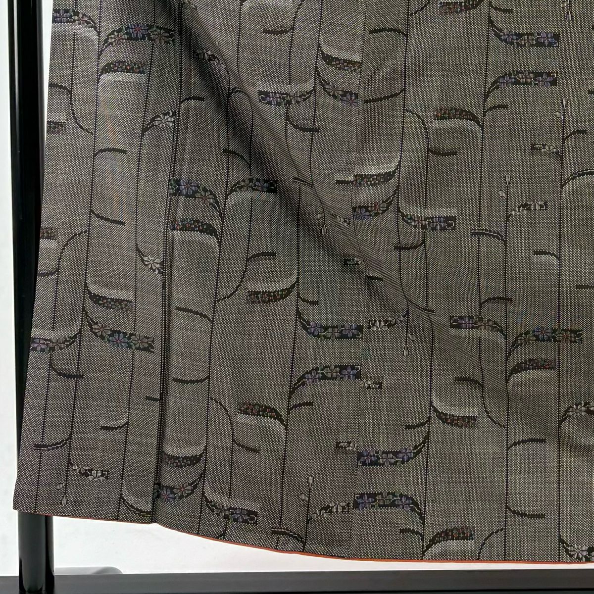 【美品】 紬織 身長155cm 袖長63cm S 雙層 草花紋紋 幾何學圖案 焦茶 純蠶絲 秀品級