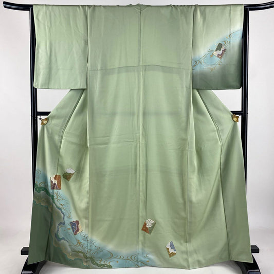 付下 身長165.5cm 袖長65.5cm M 雙層 破裂色紙 流水 金銀彩 漸層 薄綠 純蠶絲 優品級