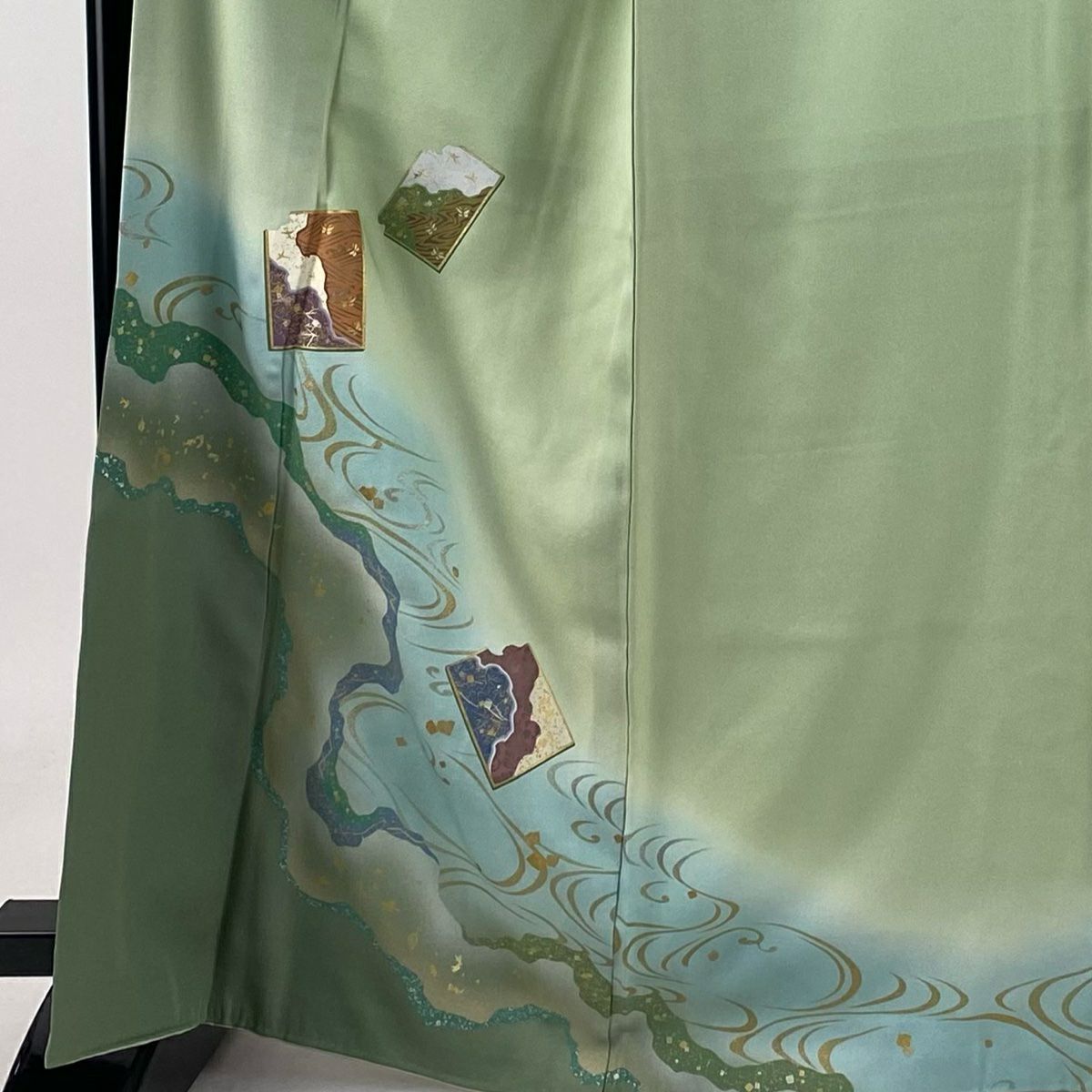 付下 身長165.5cm 袖長65.5cm M 雙層 破裂色紙 流水 金銀彩 漸層 薄綠 純蠶絲 優品級