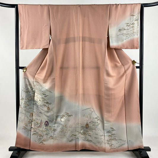 付下 身長159.5cm 袖長64.5cm M 雙層 人物 建物 金糸 刺繡 粉紅 純蠶絲 秀品級 一つ紋