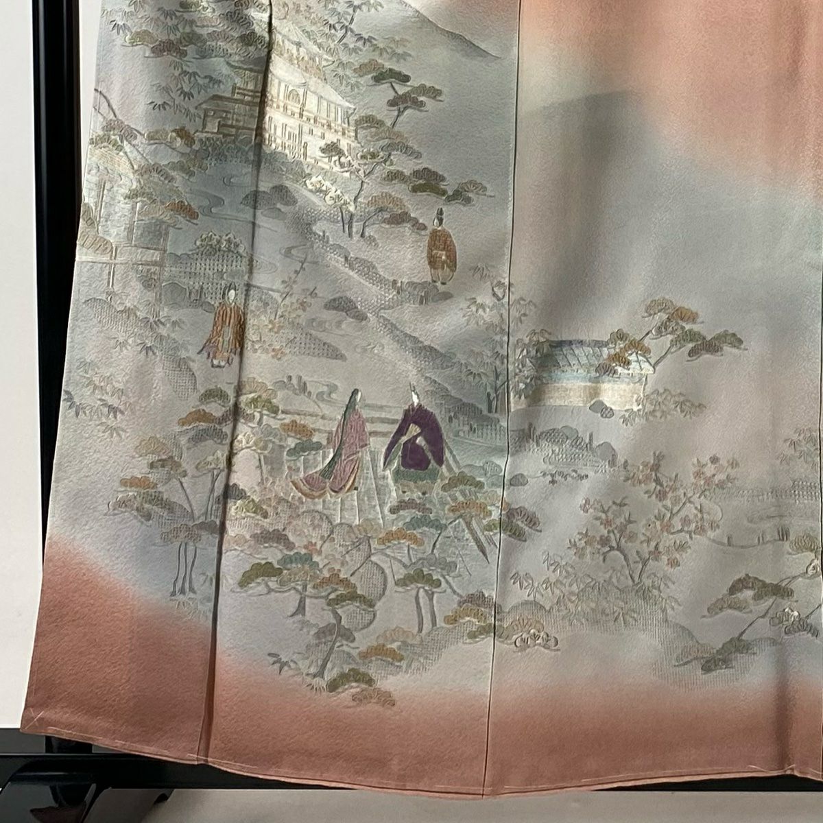 付下 身長159.5cm 袖長64.5cm M 雙層 人物 建物 金糸 刺繡 粉紅 純蠶絲 秀品級 一つ紋