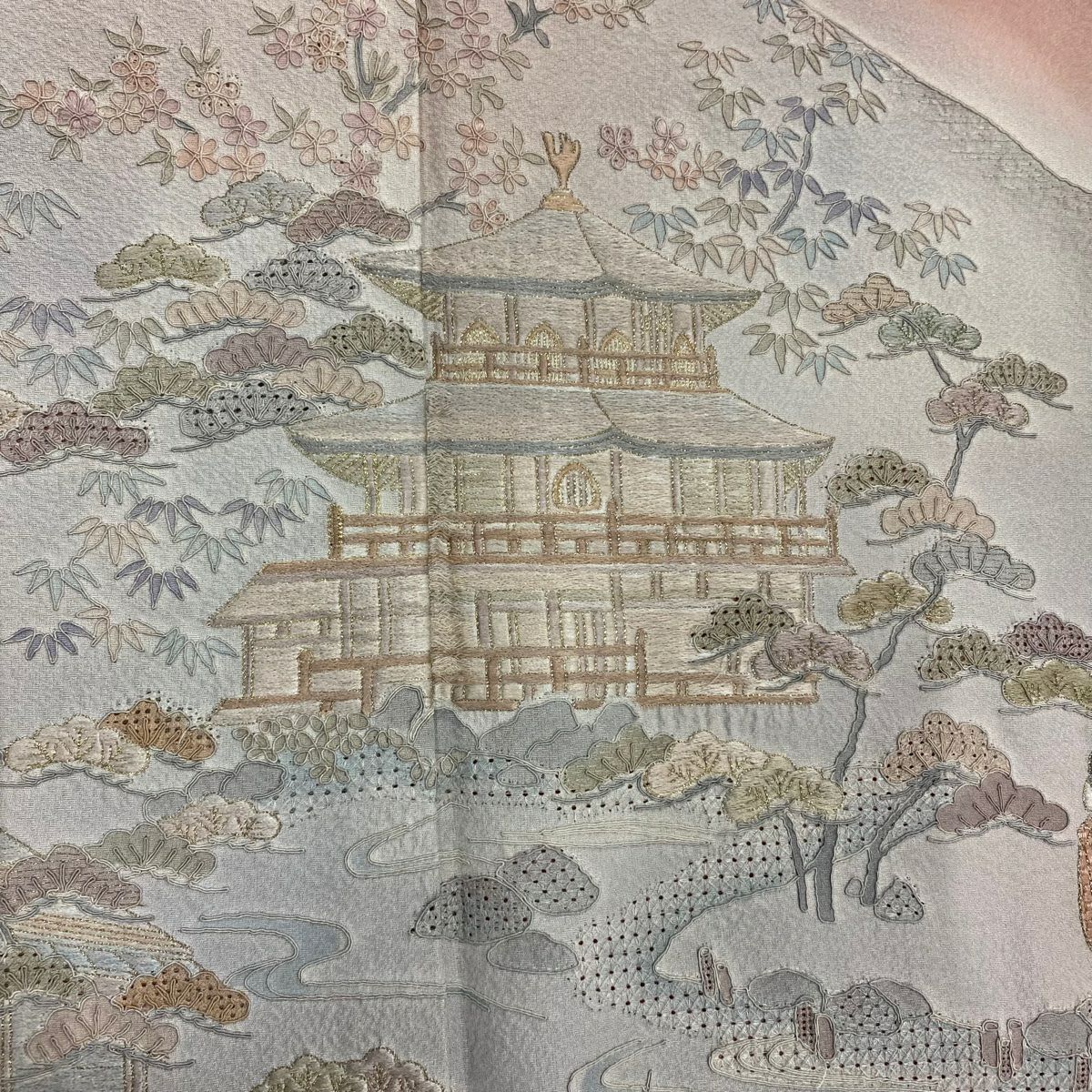 付下 身長159.5cm 袖長64.5cm M 雙層 人物 建物 金糸 刺繡 粉紅 純蠶絲 秀品級 一つ紋