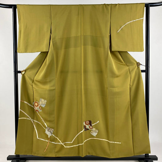 訪問服 身長155.5cm 袖長62.5cm S 雙層 破れ色紙 華紋 金絲 金銀彩 芥末色 純蠶絲 優品級