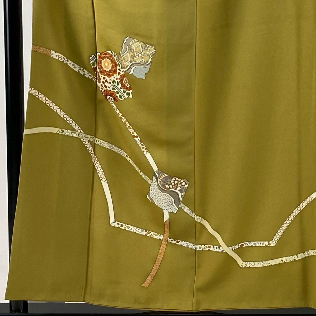 訪問服 身長155.5cm 袖長62.5cm S 雙層 破れ色紙 華紋 金絲 金銀彩 芥末色 純蠶絲 優品級