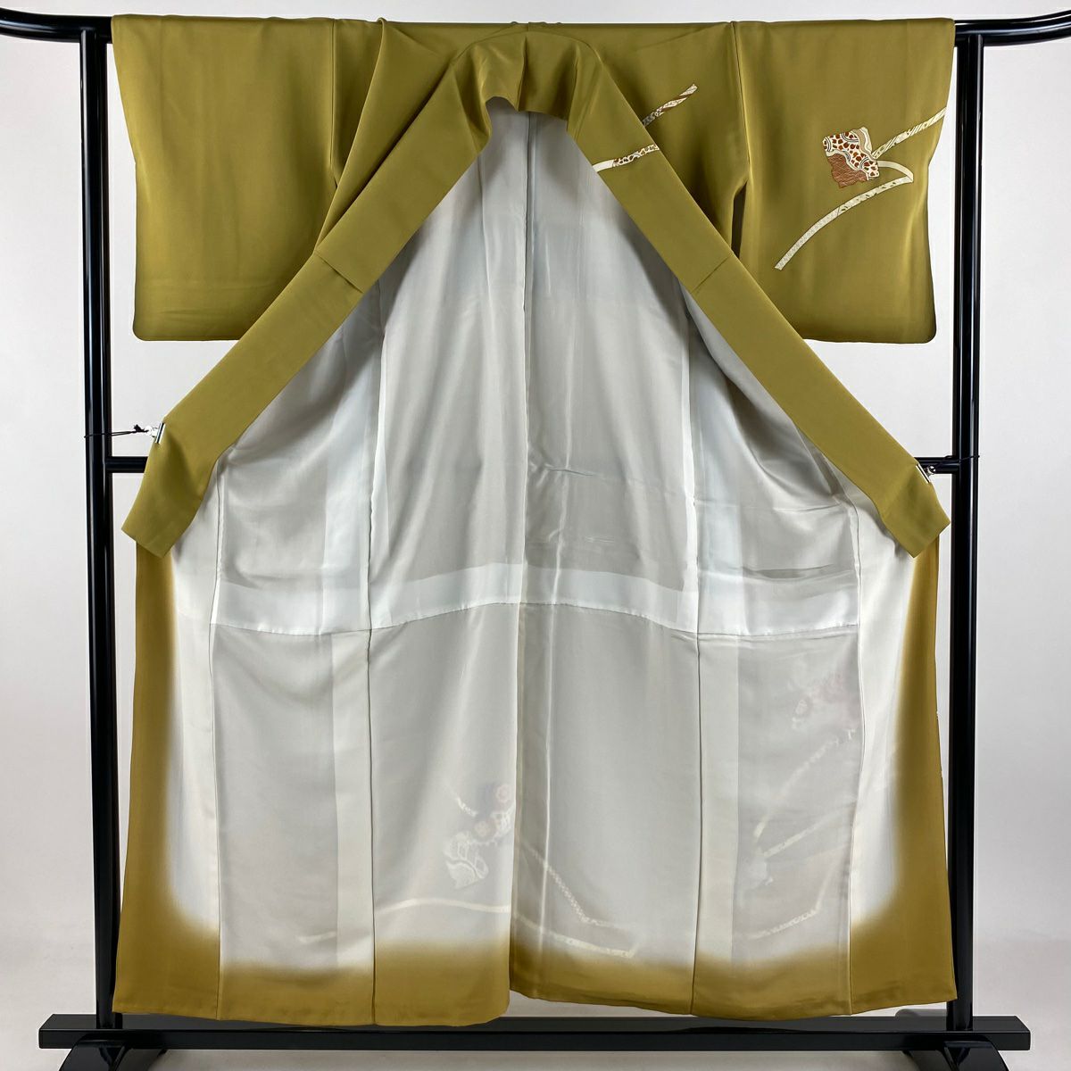訪問服 身長155.5cm 袖長62.5cm S 雙層 破れ色紙 華紋 金絲 金銀彩 芥末色 純蠶絲 優品級