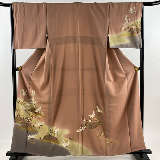 訪問服 身長159.5cm 袖長65.5cm M 雙層 仙鶴 流水 金彩裝飾 染分 粉米色 純蠶絲 優品級