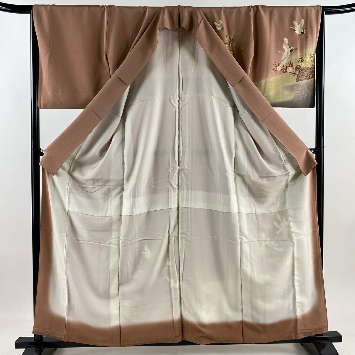 訪問服 身長159.5cm 袖長65.5cm M 雙層 仙鶴 流水 金彩裝飾 染分 粉米色 純蠶絲 優品級