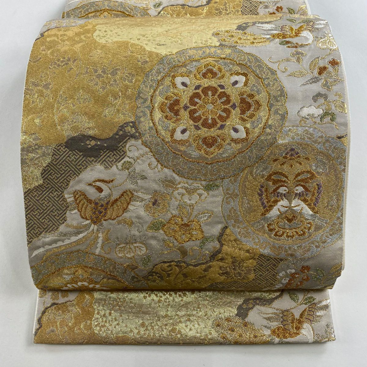 【美品】 袋帶 秀品級 向鳥 華紋 金絲 金金箔 金色 六通 純蠶絲