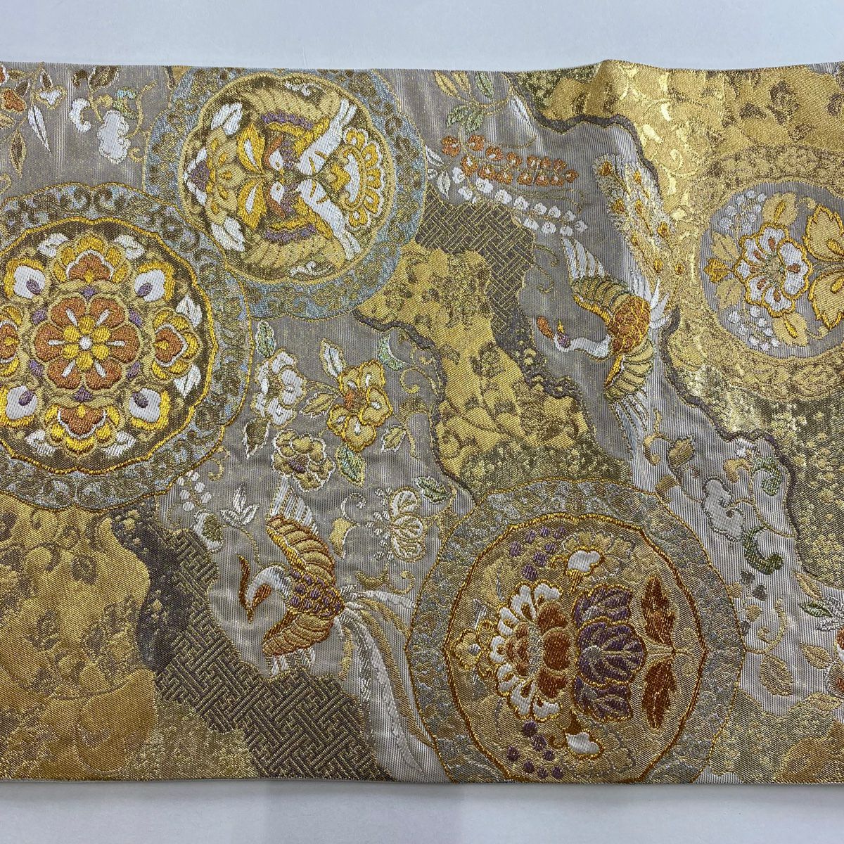 【美品】 袋帶 秀品級 向鳥 華紋 金絲 金金箔 金色 六通 純蠶絲