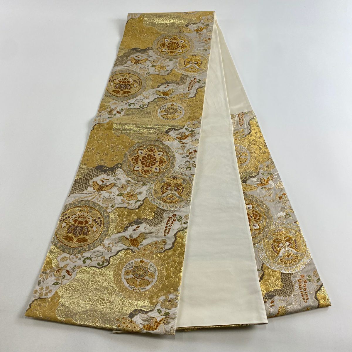 【美品】 袋帶 秀品級 向鳥 華紋 金絲 金金箔 金色 六通 純蠶絲