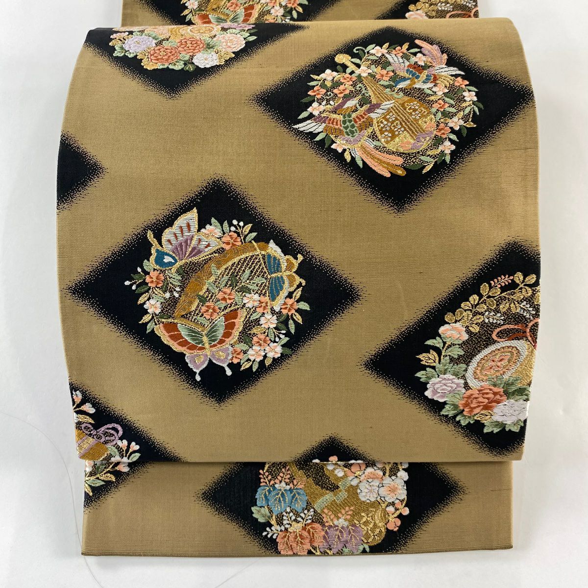 【美品】 袋帶 秀品級 樂器 花鳥 金絲 刺繡 淺茶 深色 六通 純蠶絲