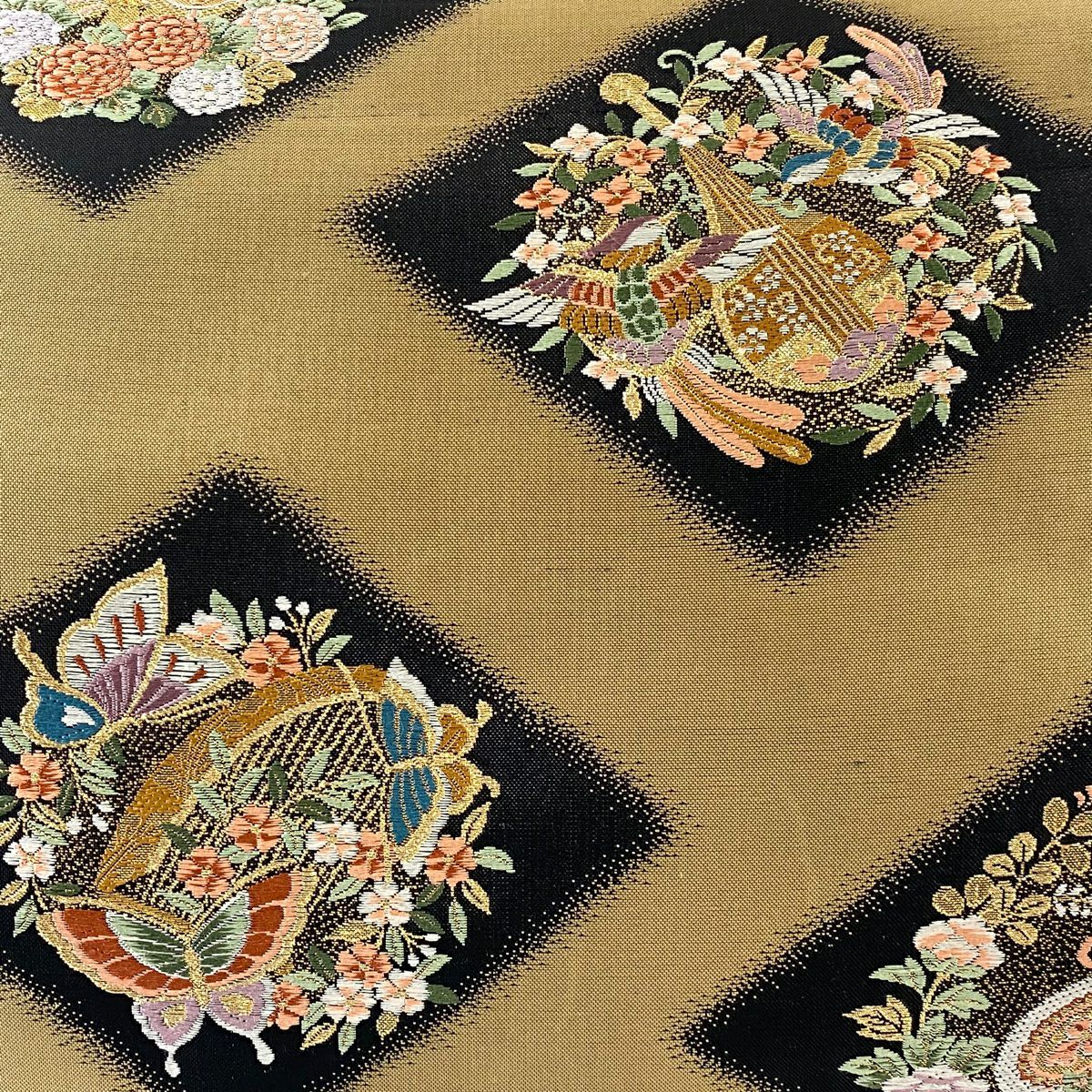 【美品】 袋帶 秀品級 樂器 花鳥 金絲 刺繡 淺茶 深色 六通 純蠶絲