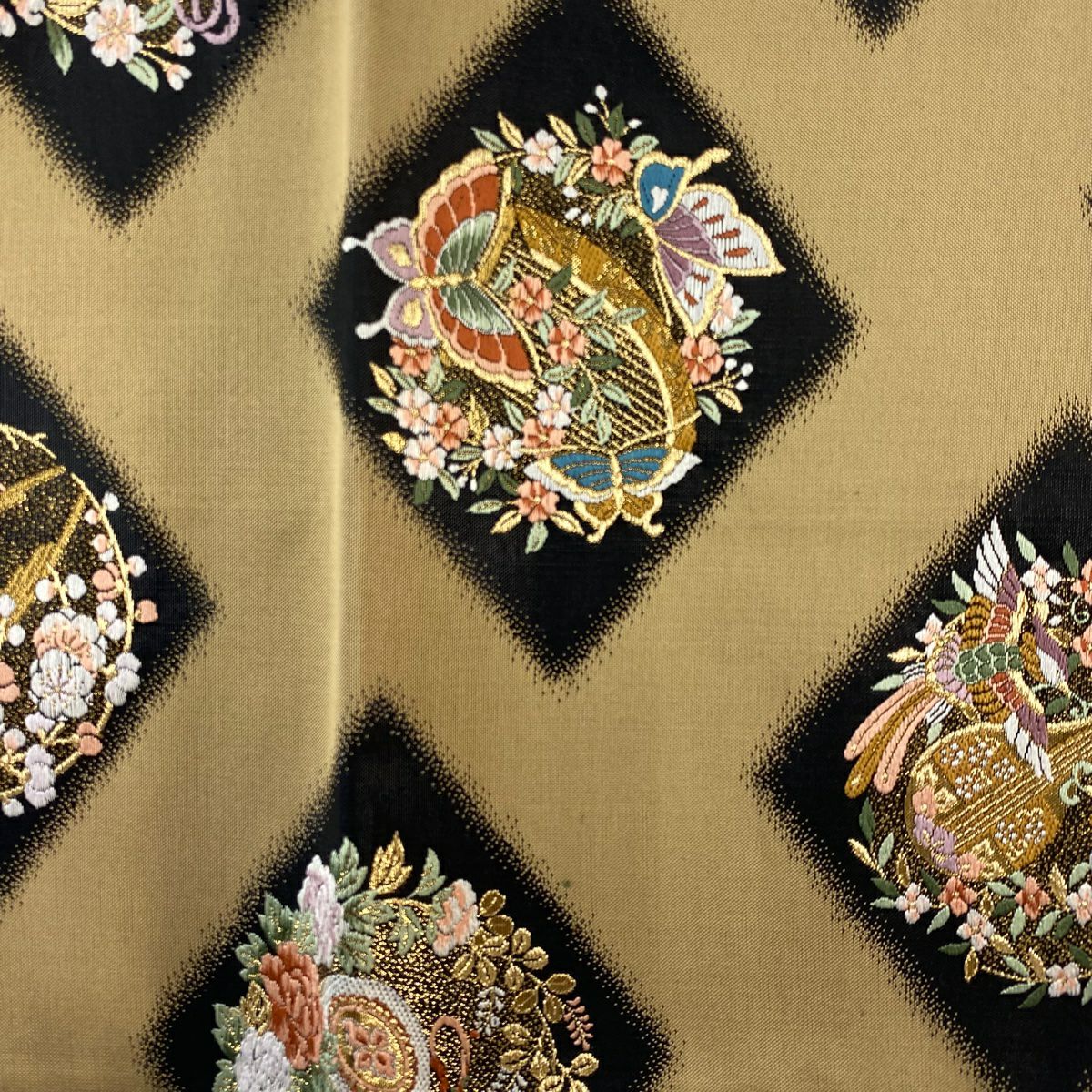 【美品】 袋帶 秀品級 樂器 花鳥 金絲 刺繡 淺茶 深色 六通 純蠶絲