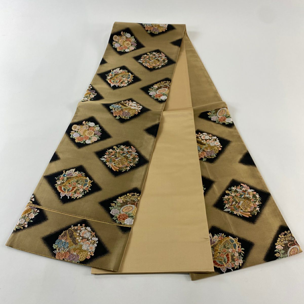 【美品】 袋帶 秀品級 樂器 花鳥 金絲 刺繡 淺茶 深色 六通 純蠶絲