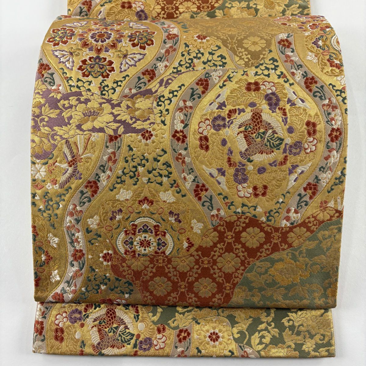 【美品】 袋帶 秀品級 華紋 花鳥 金金箔 唐織 金色 六通 純蠶絲
