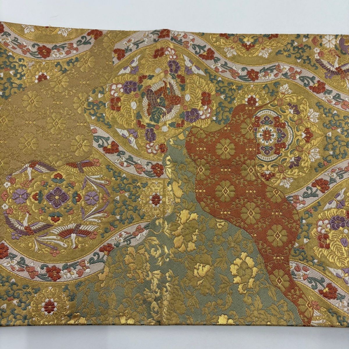 【美品】 袋帶 秀品級 華紋 花鳥 金金箔 唐織 金色 六通 純蠶絲