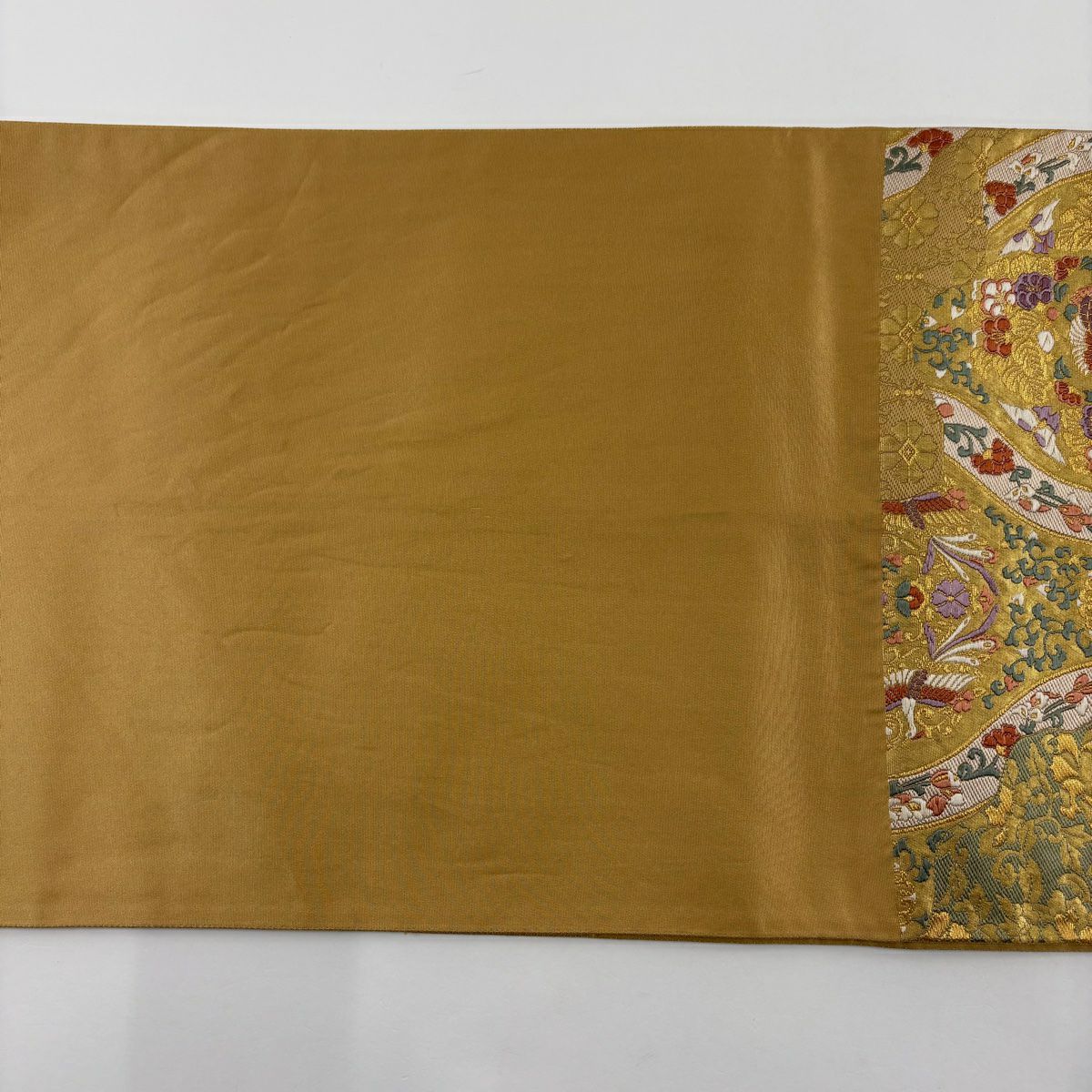 【美品】 袋帶 秀品級 華紋 花鳥 金金箔 唐織 金色 六通 純蠶絲