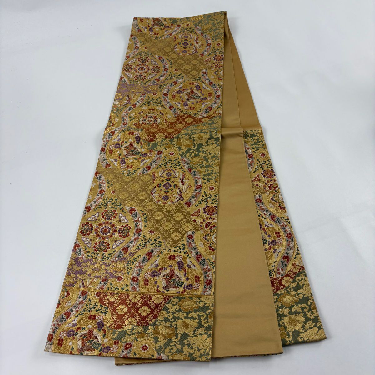 【美品】 袋帶 秀品級 華紋 花鳥 金金箔 唐織 金色 六通 純蠶絲