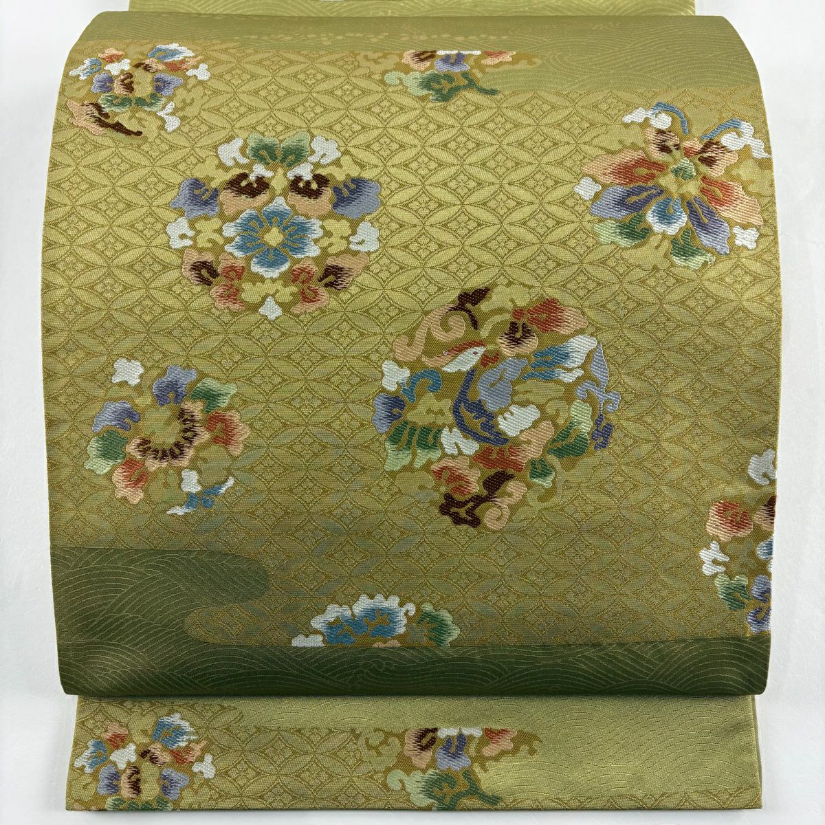 【美品】 袋帶 秀品級 花鳥 七寶 金金箔 抹茶 深藍 六通 純蠶絲