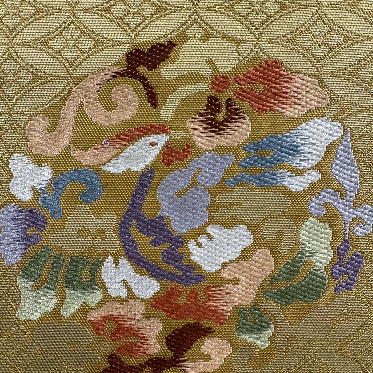 【美品】 袋帶 秀品級 花鳥 七寶 金金箔 抹茶 深藍 六通 純蠶絲