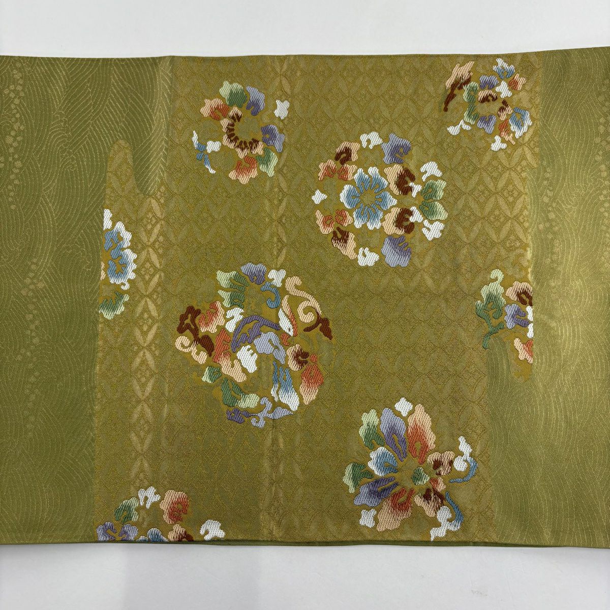 【美品】 袋帶 秀品級 花鳥 七寶 金金箔 抹茶 深藍 六通 純蠶絲