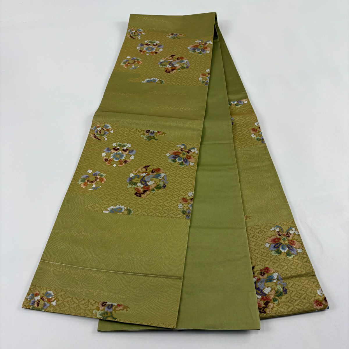 【美品】 袋帶 秀品級 花鳥 七寶 金金箔 抹茶 深藍 六通 純蠶絲
