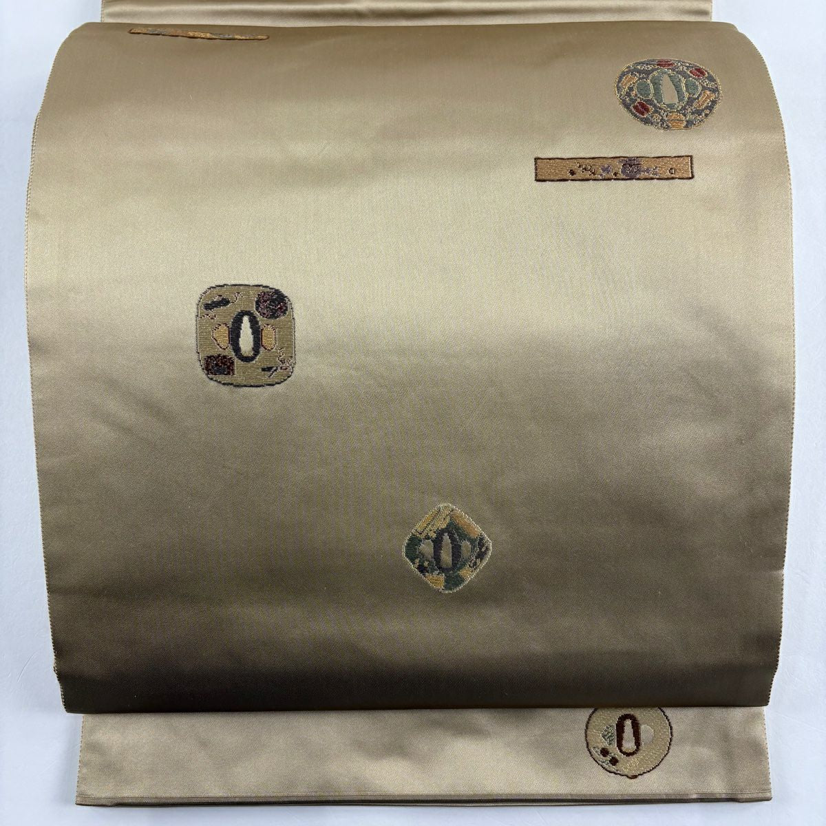 【美品】 袋帶 秀品級 關西仕立 雜幾何圖案 刺繡 金線 淺茶 六通 純蠶絲