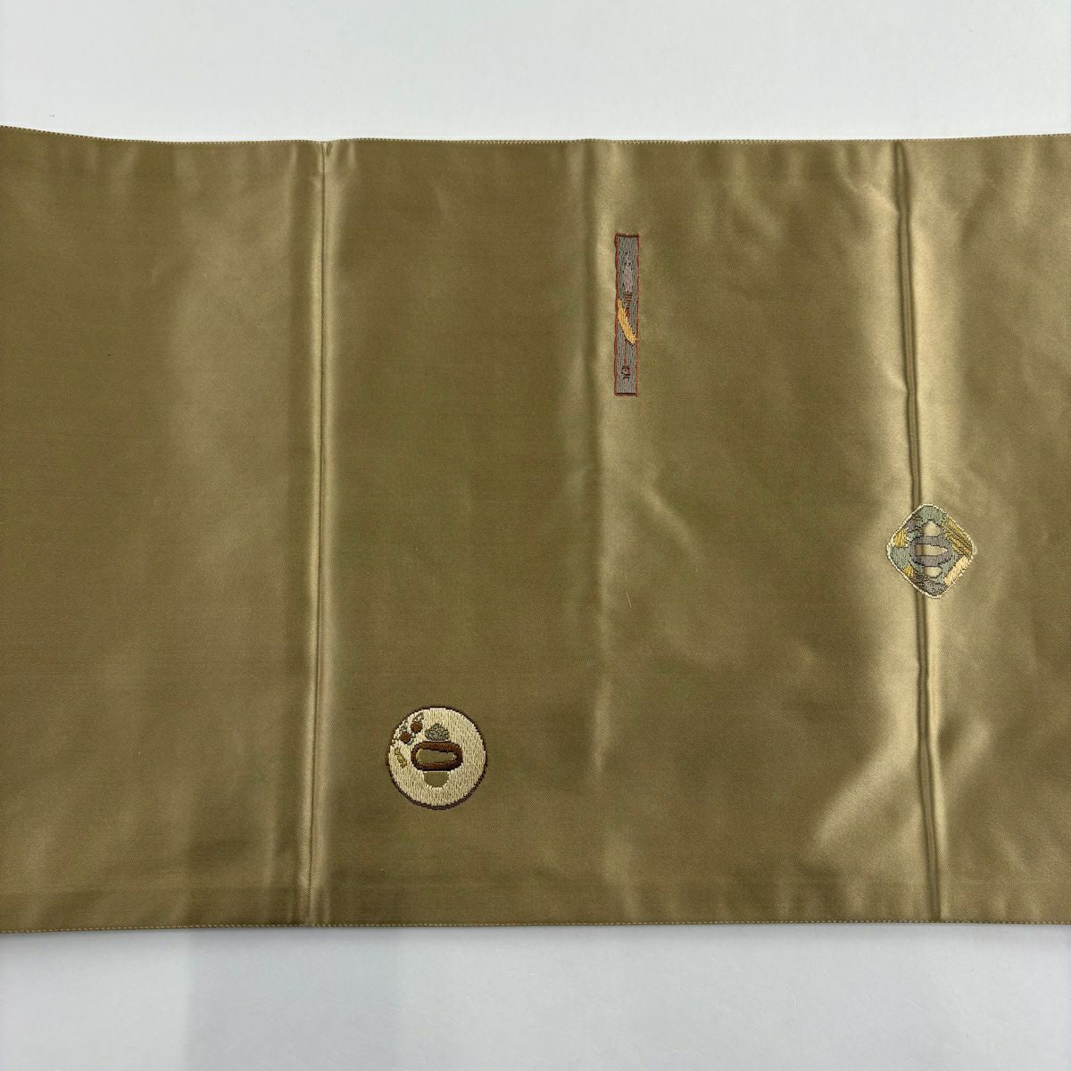 【美品】 袋帶 秀品級 關西仕立 雜幾何圖案 刺繡 金線 淺茶 六通 純蠶絲