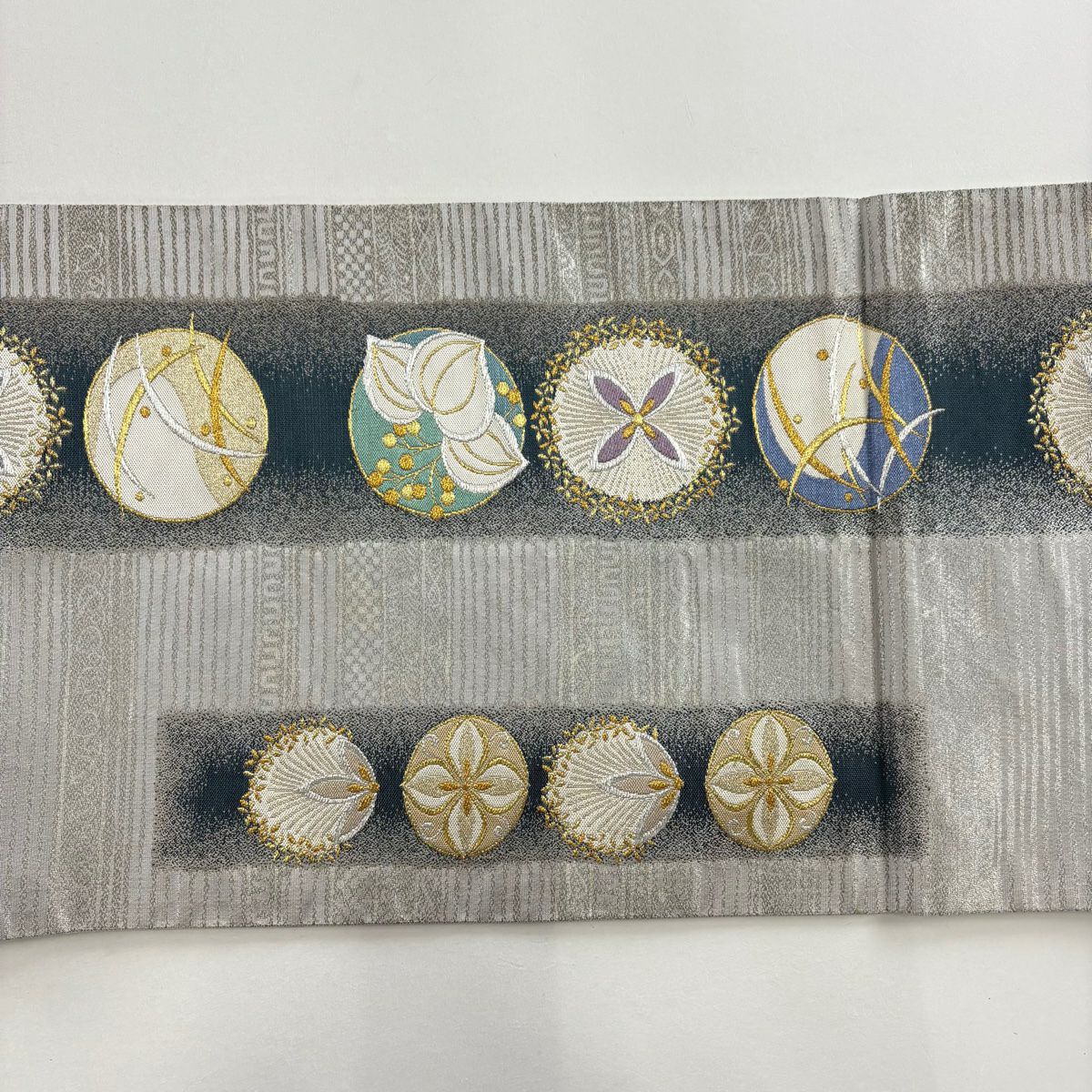 袋帶 秀品級 雪芝 草花紋 金銀絲 金金箔 銀 六通 純蠶絲
