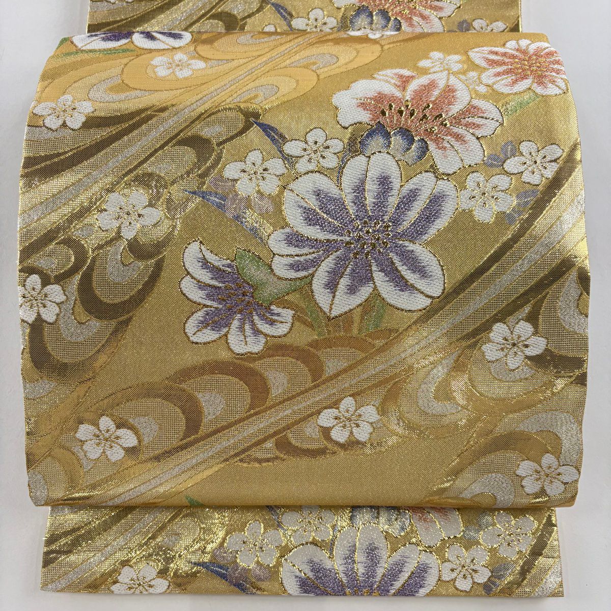 【美品】 袋帶 秀品級 草花紋紋 流水 金金箔 金絲 金色 六通 純蠶絲