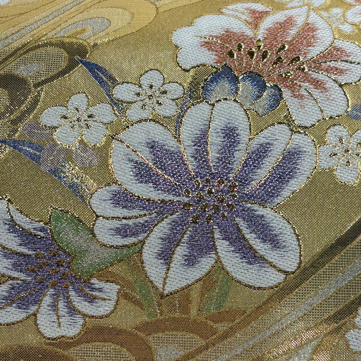 【美品】 袋帶 秀品級 草花紋紋 流水 金金箔 金絲 金色 六通 純蠶絲