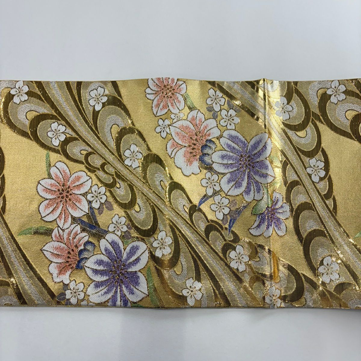 【美品】 袋帶 秀品級 草花紋紋 流水 金金箔 金絲 金色 六通 純蠶絲