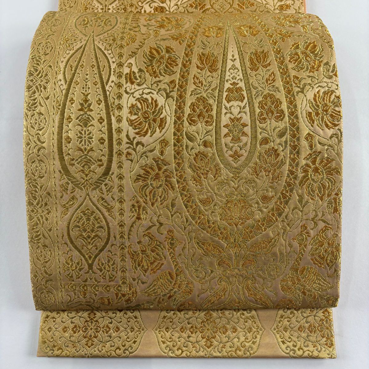 【美品】 袋帶 秀品級 草花紋紋 幾何圖案 金絲 金金箔 金色 六通 純蠶絲