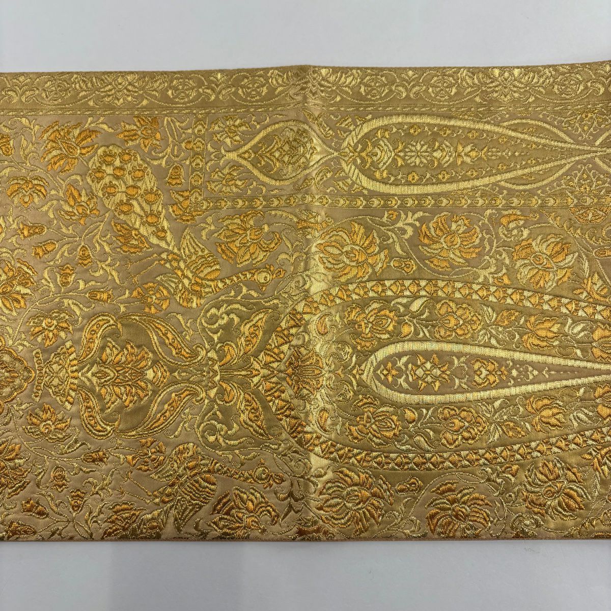 【美品】 袋帶 秀品級 草花紋紋 幾何圖案 金絲 金金箔 金色 六通 純蠶絲
