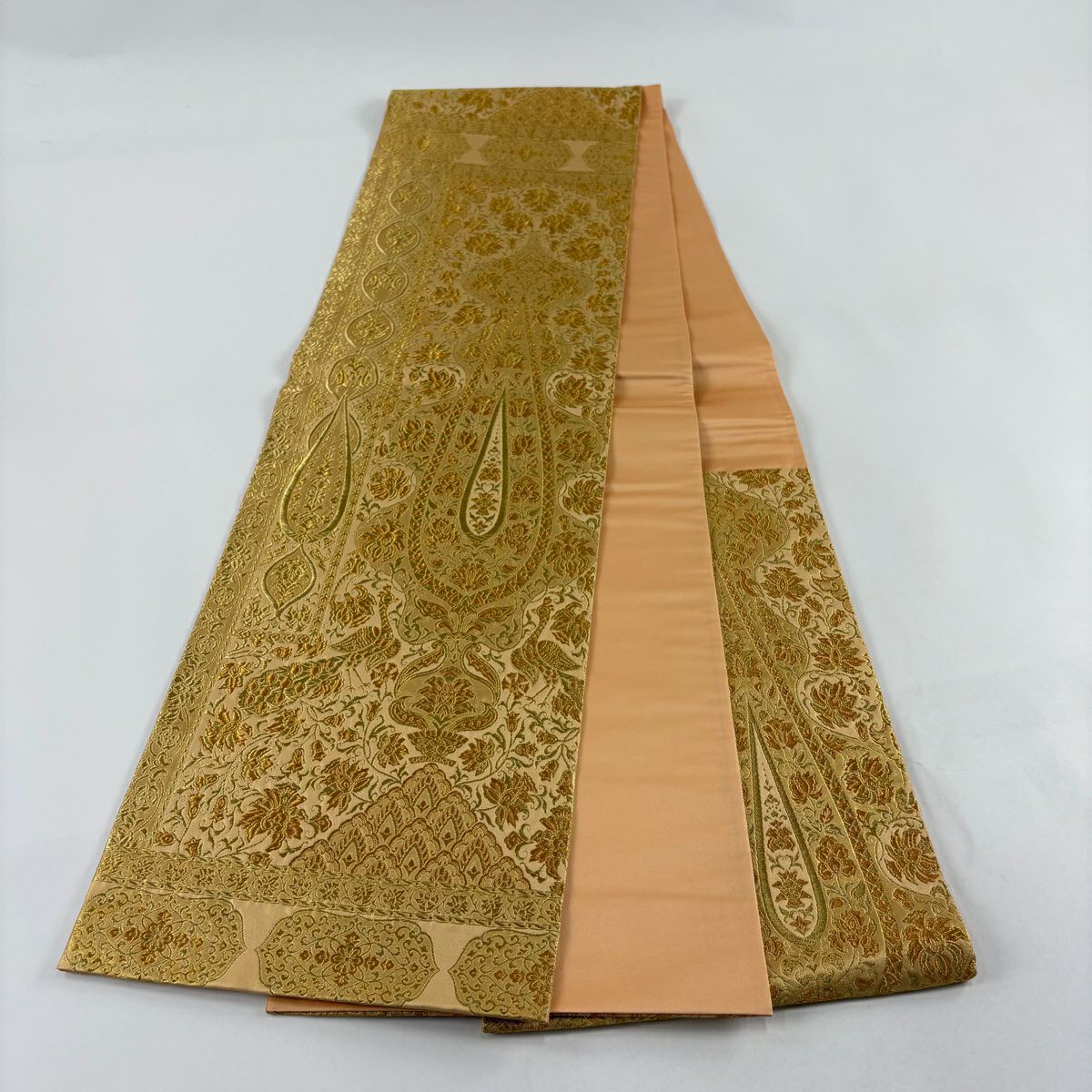 【美品】 袋帶 秀品級 草花紋紋 幾何圖案 金絲 金金箔 金色 六通 純蠶絲