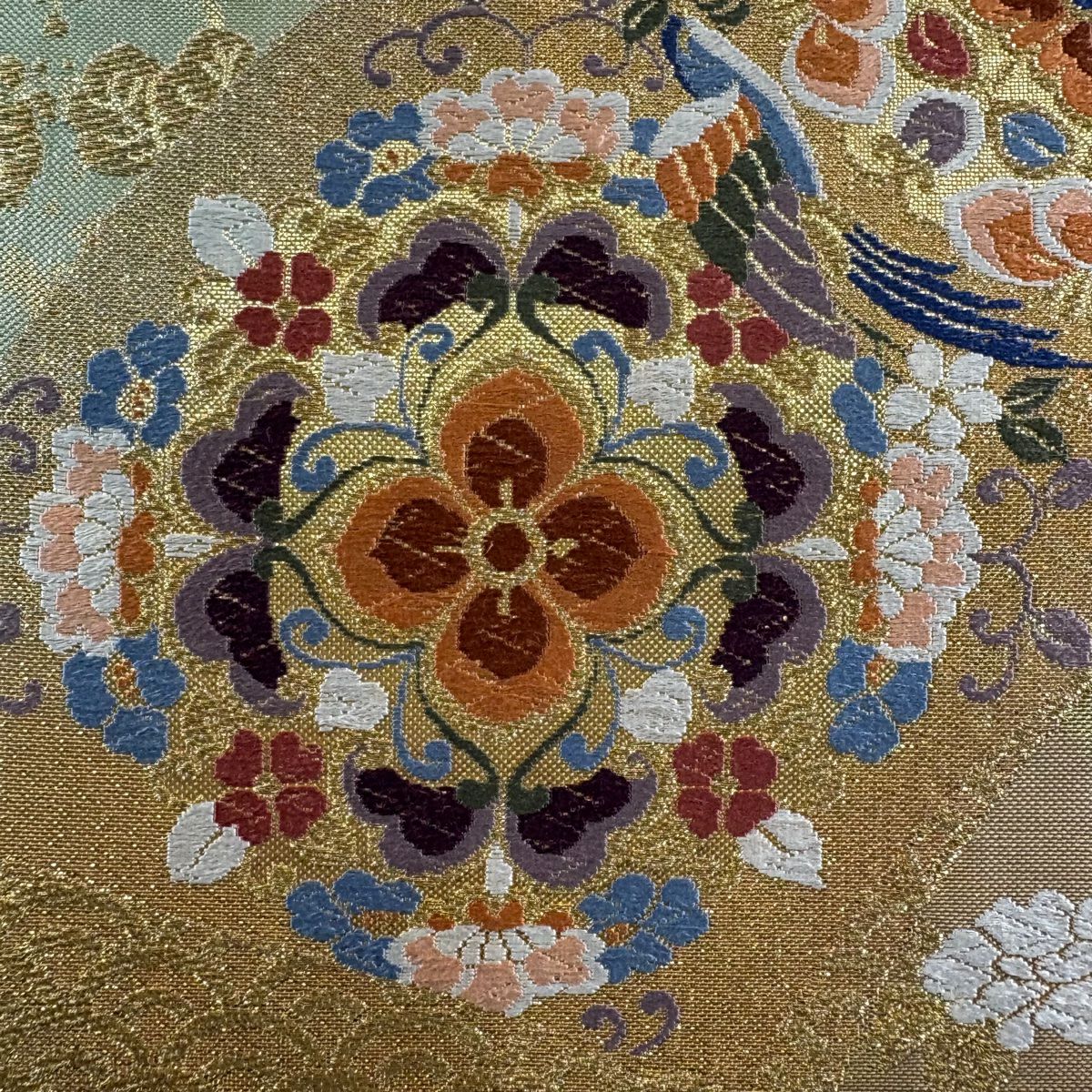 【美品】 袋帶 秀品級 扇子面 草花紋 金絲 金金箔 金色 六通 純蠶絲