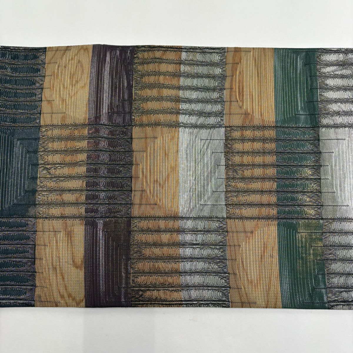 【美品】 袋帶 秀品級 市松樹 縞 金銀彩 金金箔 灰 純蠶絲