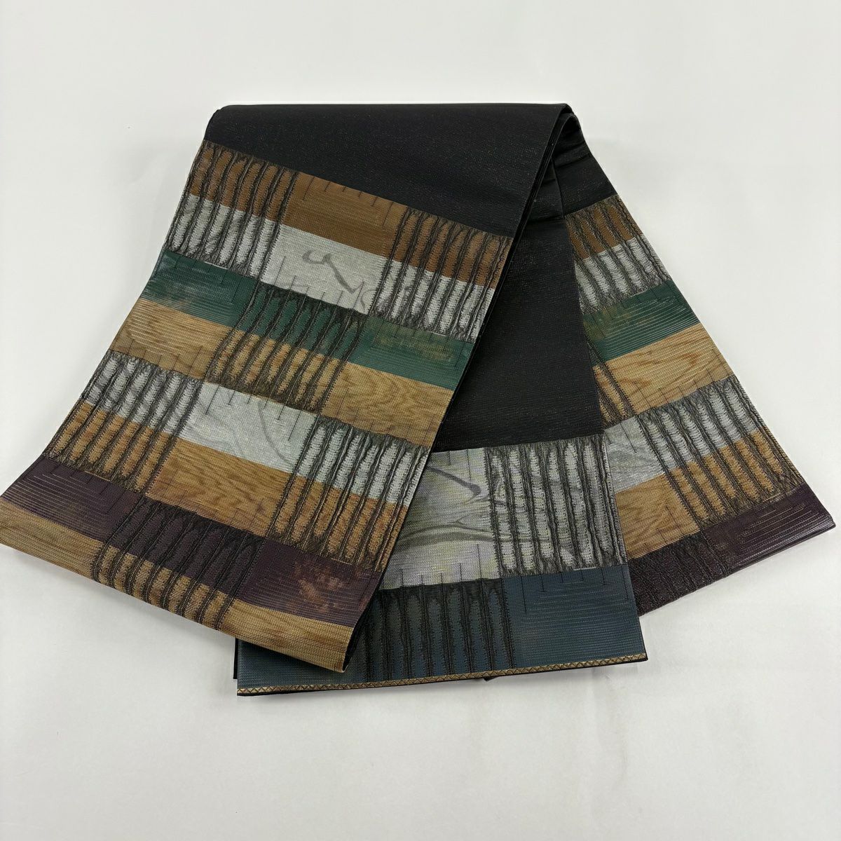 【美品】 袋帶 秀品級 市松樹 縞 金銀彩 金金箔 灰 純蠶絲