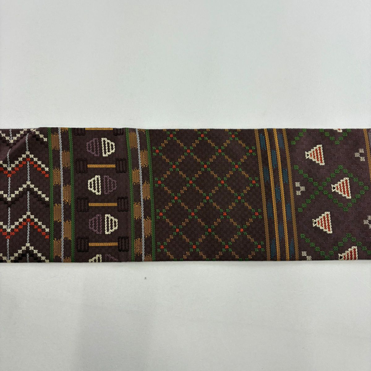 【美品】名古屋帶 秀品級 段紋 幾何圖案 紫 純蠶絲
