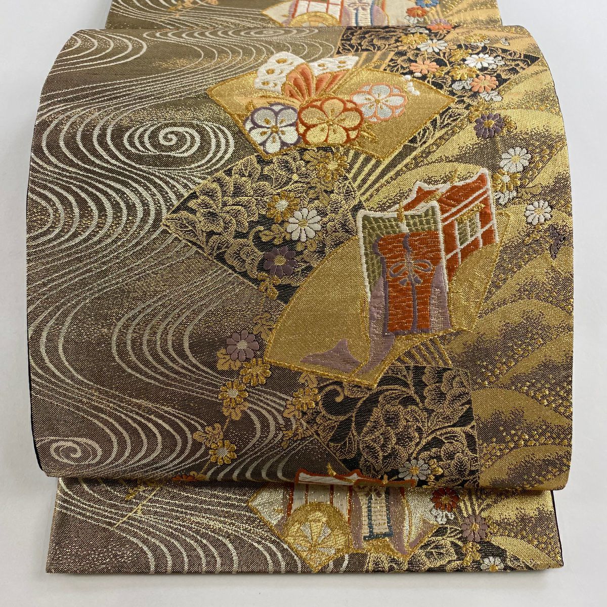 【美品】 袋帶 秀品級 扇子面 御所車 金絲 金金箔 金色 六通 純蠶絲