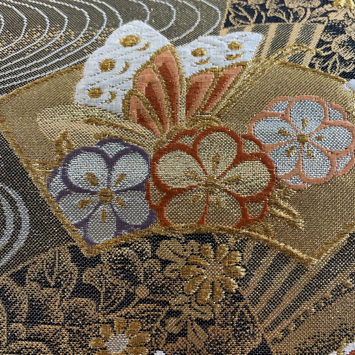 【美品】 袋帶 秀品級 扇子面 御所車 金絲 金金箔 金色 六通 純蠶絲