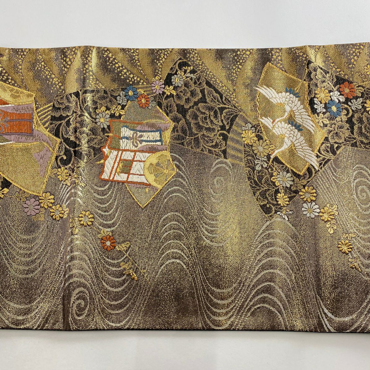 【美品】 袋帶 秀品級 扇子面 御所車 金絲 金金箔 金色 六通 純蠶絲