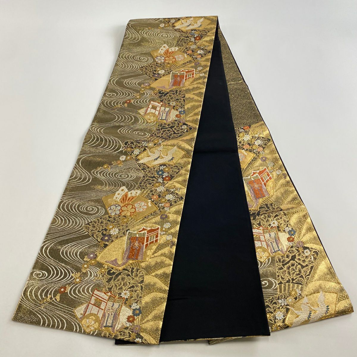 【美品】 袋帶 秀品級 扇子面 御所車 金絲 金金箔 金色 六通 純蠶絲