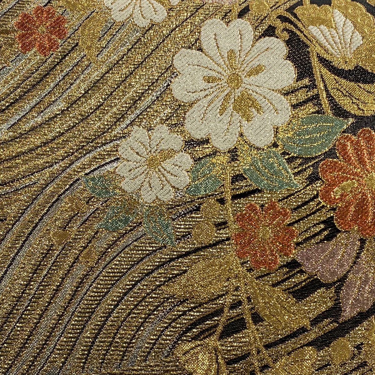 【美品】 袋帶 秀品級 草花紋紋 波 金銀彩 金 六通 純蠶絲