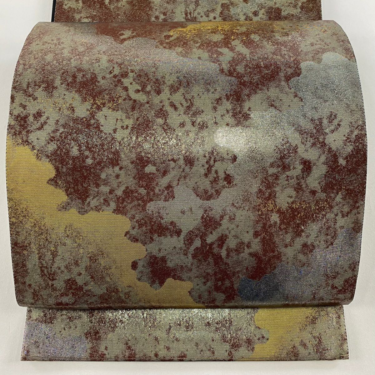【美品】 袋帶 秀品級 霞 幾何學圖案 金金箔 茶 六通 純蠶絲