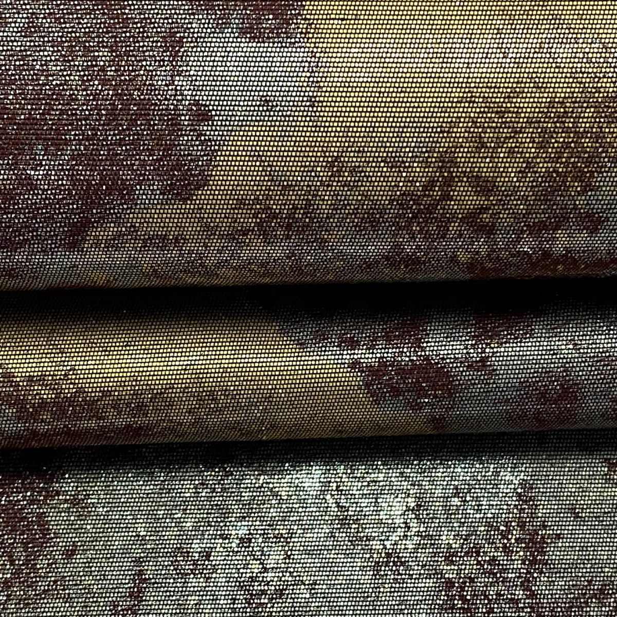 【美品】 袋帶 秀品級 霞 幾何學圖案 金金箔 茶 六通 純蠶絲