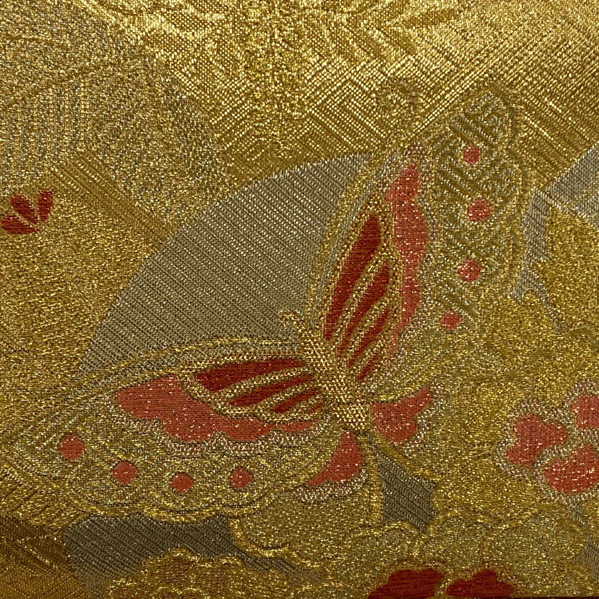 【美品】 袋帶 秀品級 草花紋紋 蝶 金絲 金金箔 金色 六通 純蠶絲