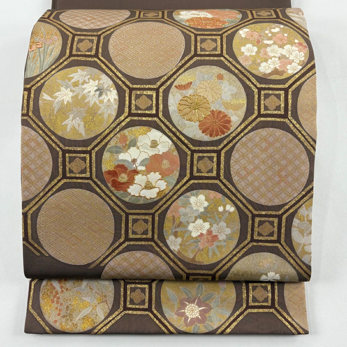 袋帶 秀品級 蜀江文 草花紋紋 金絲 金金箔 小豆 深紅色 大鼓圖案 純蠶絲