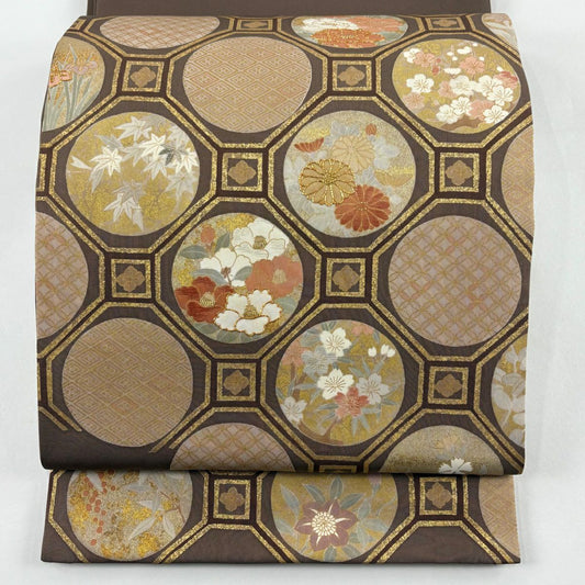 袋帶 秀品級 蜀江文 草花紋紋 金絲 金金箔 小豆 深紅色 大鼓圖案 純蠶絲