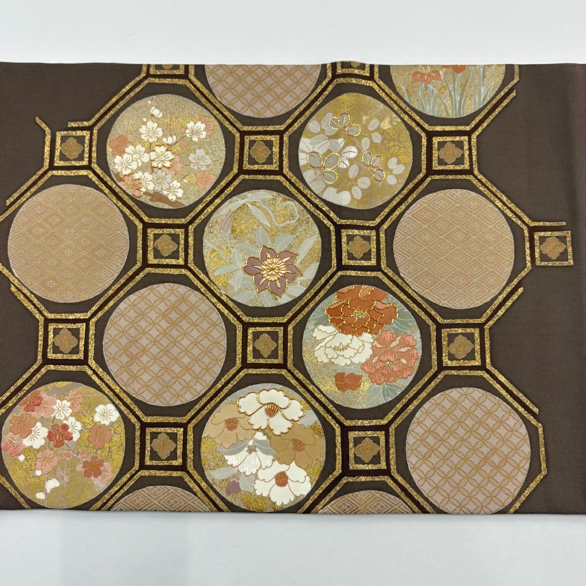 袋帶 秀品級 蜀江文 草花紋紋 金絲 金金箔 小豆 深紅色 大鼓圖案 純蠶絲